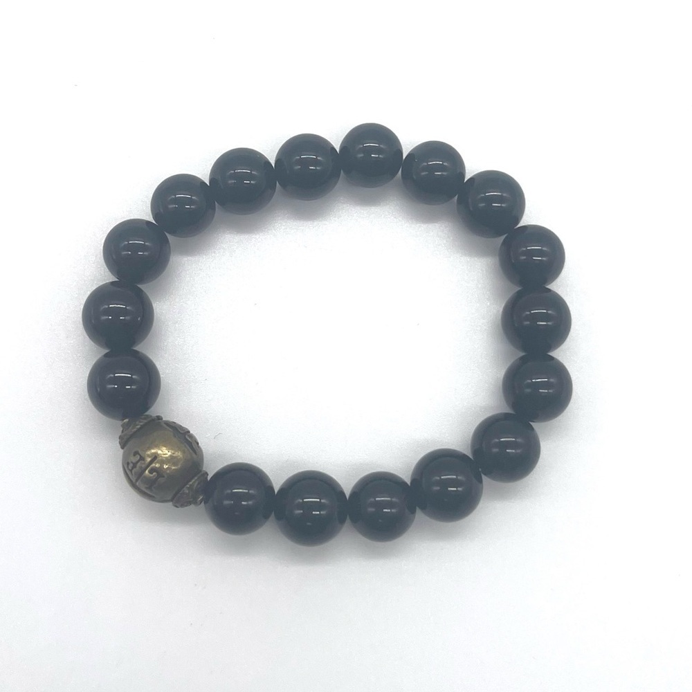Onyx Stretch Bracelet w/ gold tone zen charm